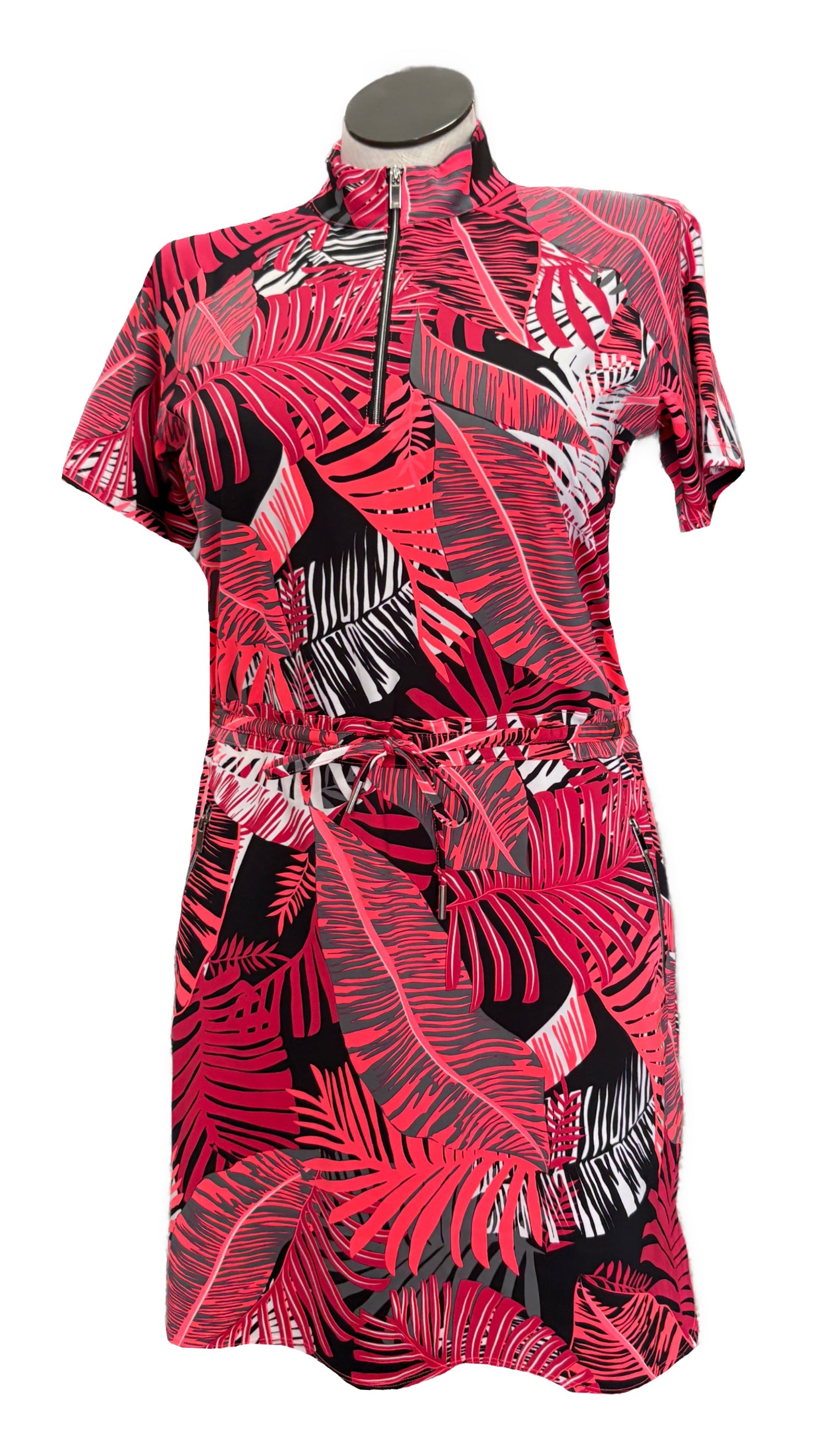 Tail Pink Orange & Black Floral Leaf Print Women's Short Sleeve Golf D Tail Pink Orange & Black Floral Leaf Print Women's Short Sleeve Golf D