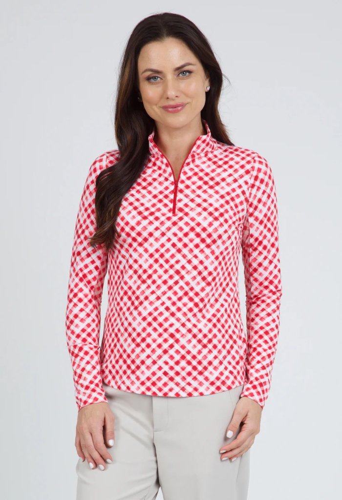 New Women's Ibkul Red Gingham Check Long Sleeve Zip Mock Golf Top