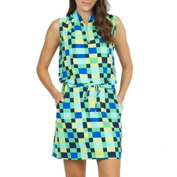 green emerald velvet dress Ibkul Annalise Print Sleeveless Drawstring Golf Dress Size L MSP$128