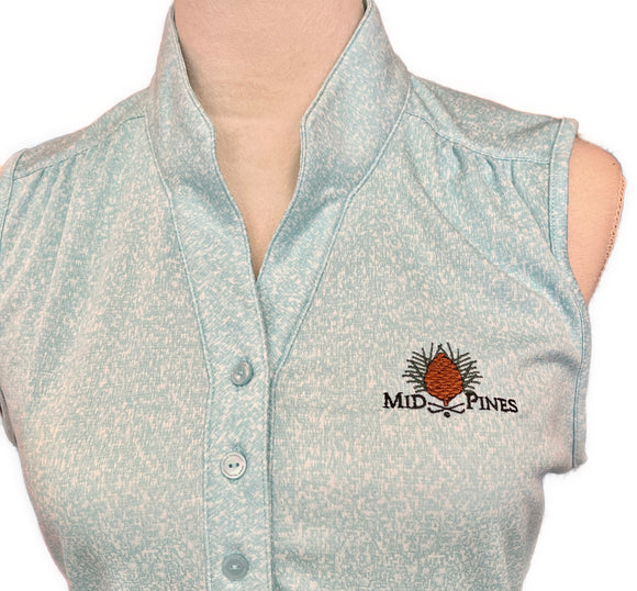 Greg Norman Women's Aqua Heathered Dot Sleeveless Golf Polo w/ Logo MSP$66