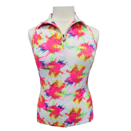 Tzu Tzu Multicolored Screenprint Splatter Sleeveless Women's Mock Polo Size XL