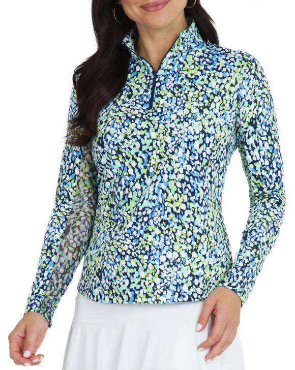 New Ibkul Women's Naomi Long Sleeve Print Zip Golf Sunshirt - Navy MSP$100