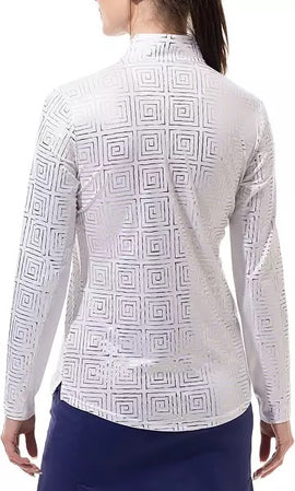 New San Soleil Foil Print Mock Neck Golf Pullover - Infiity White Gold MSP$104 - 0