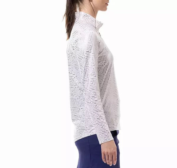 New San Soleil Foil Print Mock Neck Golf Pullover - Infiity White Gold MSP$104