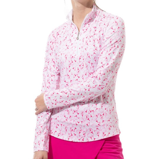 New SanSoleil Ladies & Plus Size SOLCOOL Print Long Sleeve Zip Mock Golf Sun Shirts - Play 4 Pink MSP$104