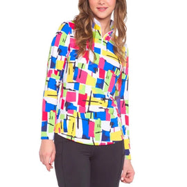 Ibkul Women's Mondrian Multicolored Print Zip Mock Sun SHirt Size S MSP$100