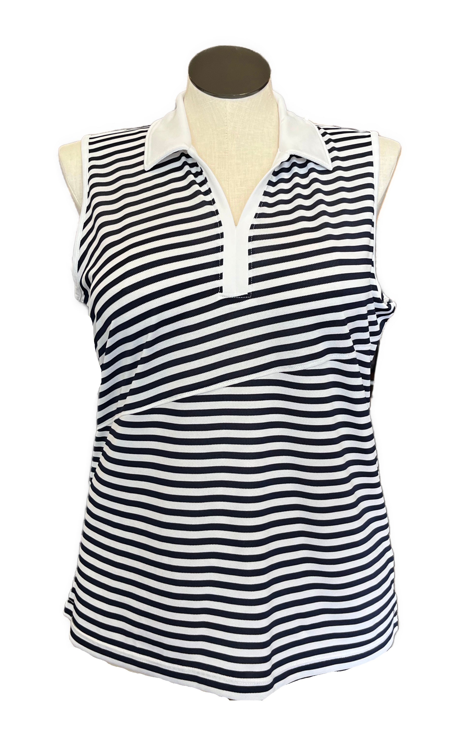 NEW Izod Women's Y-neck Navy White Striped Sleeveless Golf Polo Size