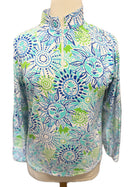 Ibkul Women's White, Lime & Blue Sun Print Long Sleeve Sun Shirt Size XL-1