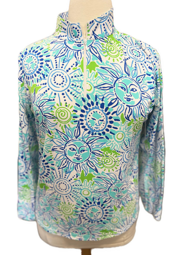 Ibkul Women's White, Lime & Blue Sun Print Long Sleeve Sun Shirt Size XL