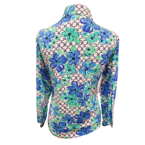 Ibkul Teal Blue Floral & Link Printed Women's Long Sleeve Sun Shirt Size S