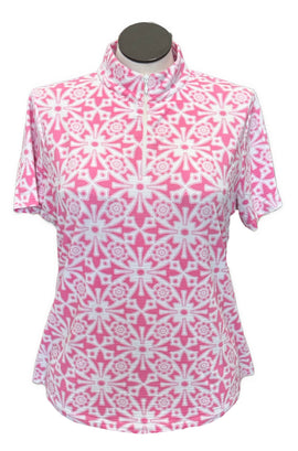 Ibkul Pink Geometric Floral Patterned Women's Short Sleeve Size XL MSP$91