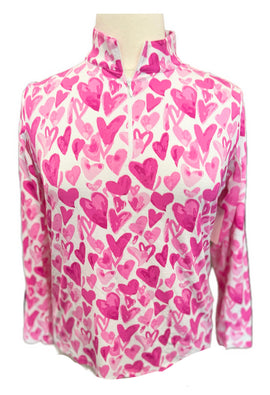 Ibkul Women's Pink Hearts Long Sleeve Zip Mock Sun Shirt Size XL