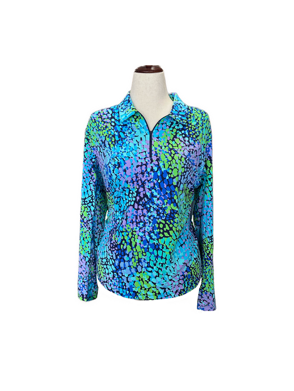 New Ibkul Women's Naomi Long Sleeve Print Zip Golf Sunshirt - Blue MSP$100