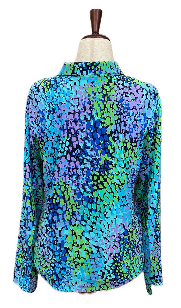 New Ibkul Women's Naomi Long Sleeve Print Zip Golf Sunshirt - Blue MSP$100
