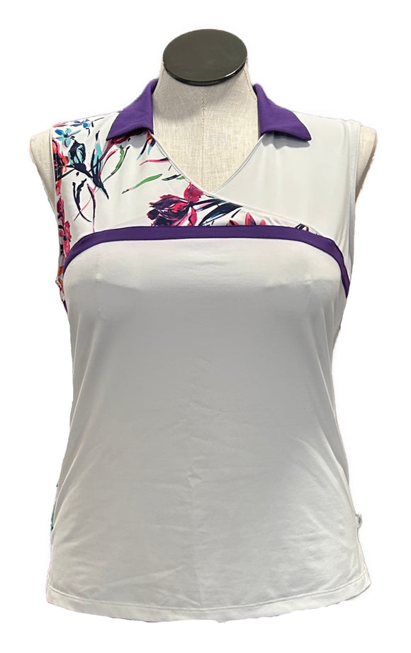 Lady Hagen White & Purple Sleeveless Women's Golf Polo w/Floral Accents Size L