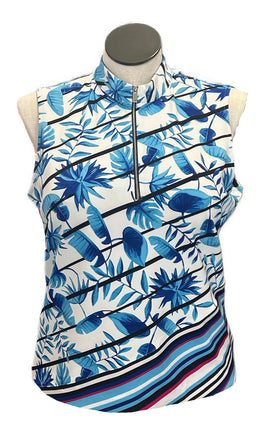 Tail White & Blue Palm Print w/ Stripes Sleeveless Golf Top Size XL MSP$92