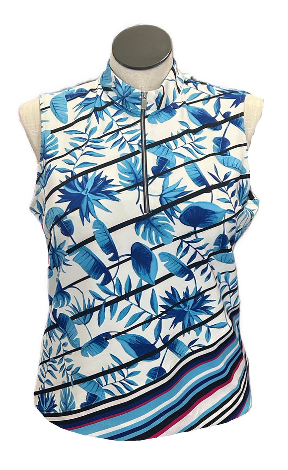 Tail White & Blue Palm Print w/ Stripes Sleeveless Golf Top Size XL MSP$92