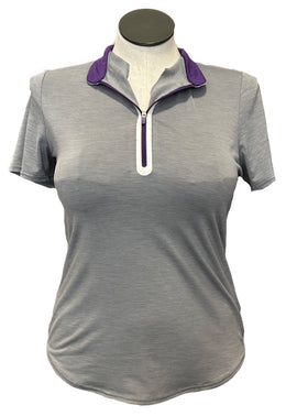 Jofit Heathered Gray Women's Short Sleeve Polo w/Purple & White Accents Size M