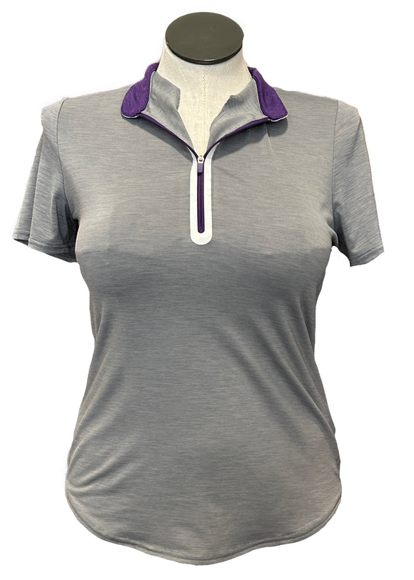 Jofit Heathered Gray Women's Short Sleeve Polo w/Purple & White Accents Size M