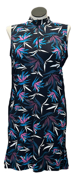 New Tail Navy Blue & Pink Floral Patterned 1/4 Zip Sleeveless Golf Dress Size XL - 0