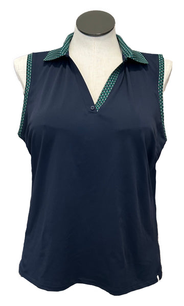 Lady Hagen Navy Sleeveless Golf Polo with Green Print Trim Size XL