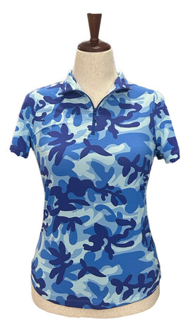 Women's Ibkul Blue Camo Style Short Sleeve Golf Top Size S MSP$94