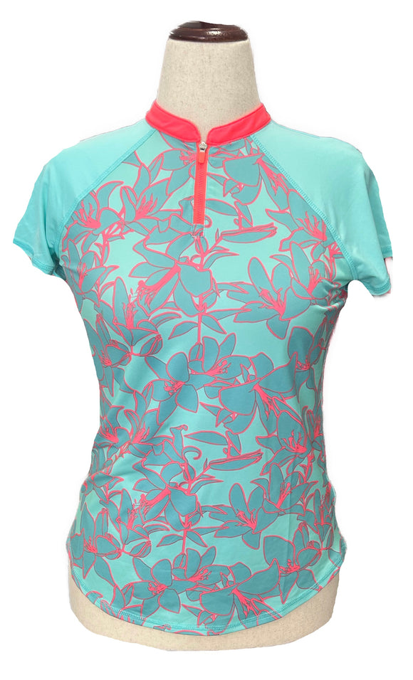 Jofit Teal & Bright Coral Floral Patterned Women's Short Sleeve Golf Top Size S