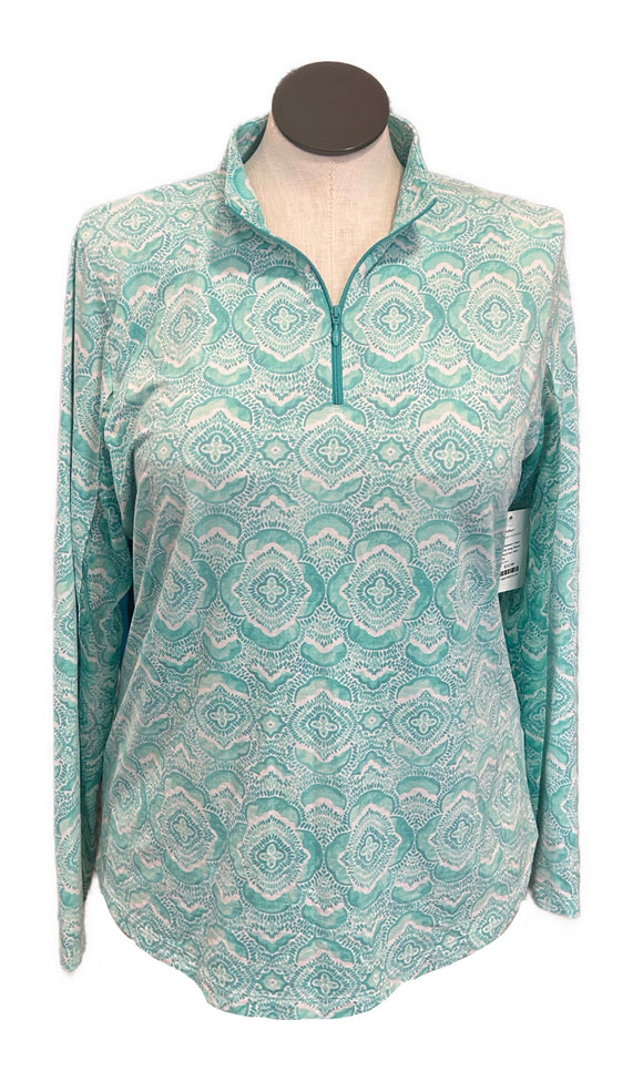 Ibkul Women's Jade & White Long Sleeve Zip Mock Sun Shirt Size XL