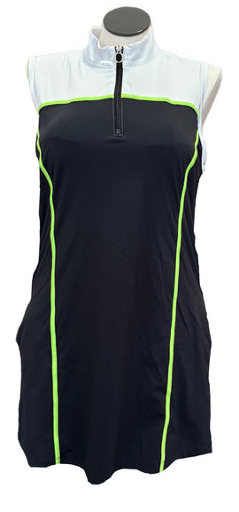 Kinona 1/4 Zip Black & White Sleeveless Golf Dress w/Lime Trim Size XL