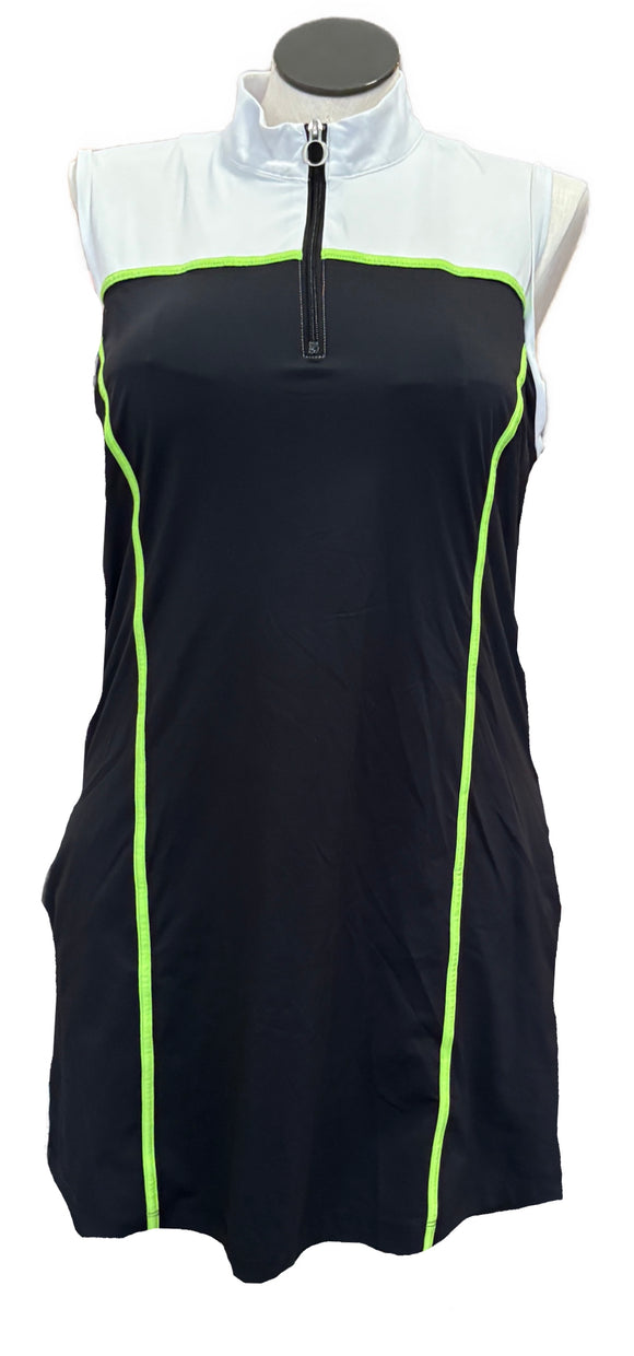 Kinona 1/4 Zip Black & White Sleeveless Golf Dress w/Lime Trim Size XL