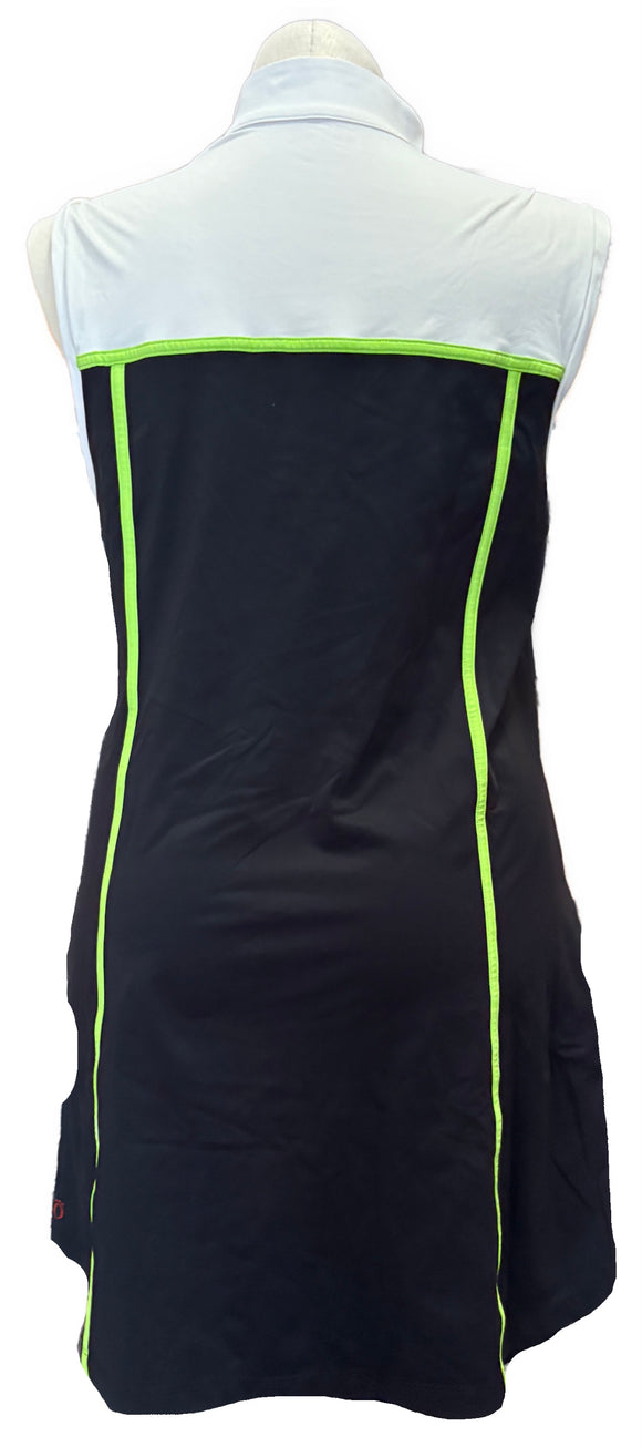Kinona 1/4 Zip Black & White Sleeveless Golf Dress w/Lime Trim Size XL