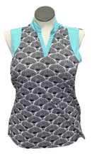 Bermuda Sands Geometric Floral Fan w/ Aqua Sleeveless Collared V-Neck Size L MSP $80-1