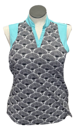 Bermuda Sands Geometric Floral Fan w/ Aqua Sleeveless Collared V-Neck Size L MSP $80
