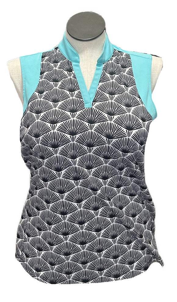 Bermuda Sands Geometric Floral Fan w/ Aqua Sleeveless Collared V-Neck Size L MSP $80