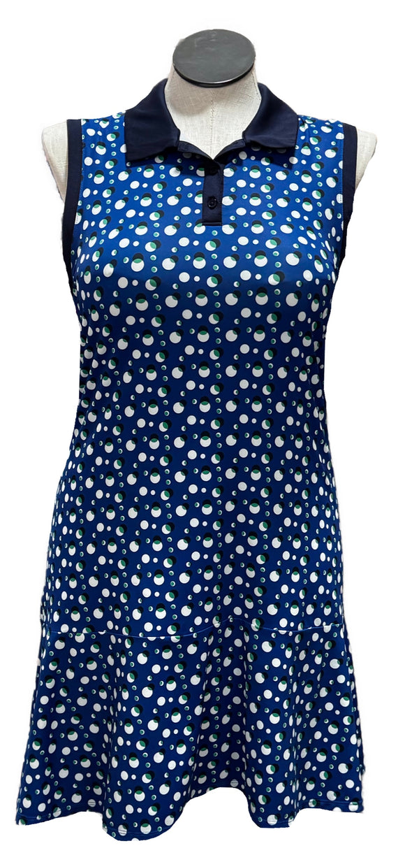 Lillie Green Spotted Blue w/Green Black & White Sleeveless Golf Dress Size L