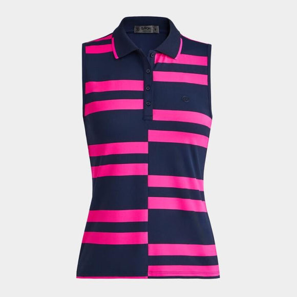 New G/Fore Women's Offset Stripe Sleeveless Golf Polo Navy/Pink MSP$135