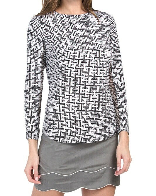 Ibkul Women's Black Greek Key Print Longsleeve Crew Sun Shirt Size L MSP$90