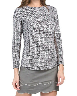 Ibkul Women's Black Greek Key Print Longsleeve Crew Sun Shirt Size L MSP$90