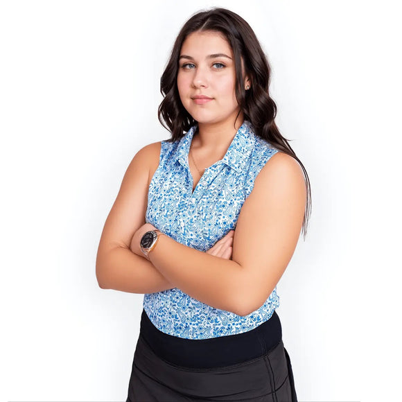 New 2Putt Women's Blue Paisley Sleeveless Golf Polo