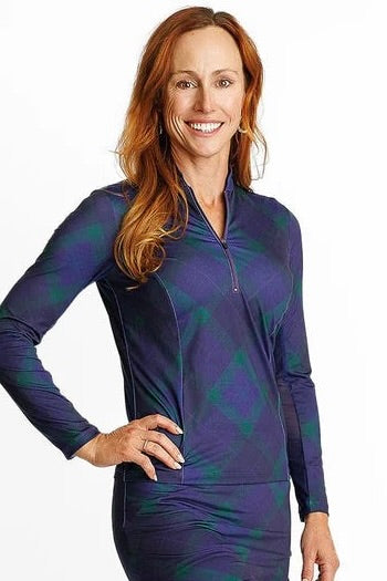 New Amy Sport Katelyn Long Sleeve Golf Top Dark Watch Plaid MSP$144