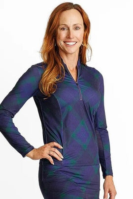 New Amy Sport Katelyn Long Sleeve Golf Top Dark Watch Plaid MSP$144