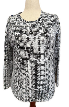 Ibkul Women's Black Greek Key Print Longsleeve Crew Sun Shirt Size L MSP$90 - 0