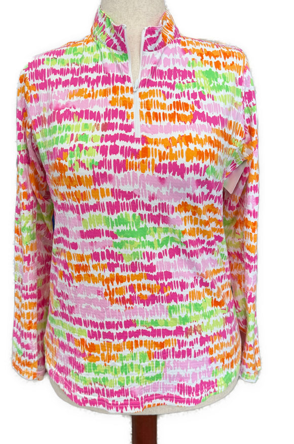 Icikuls Pink, Lime & Orange Brushstroke Long Sleeve Sun Shirt Size L