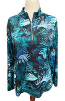 Emerald 18 Women's Teal Palm Print Long Sleeve Pullover Size L-1