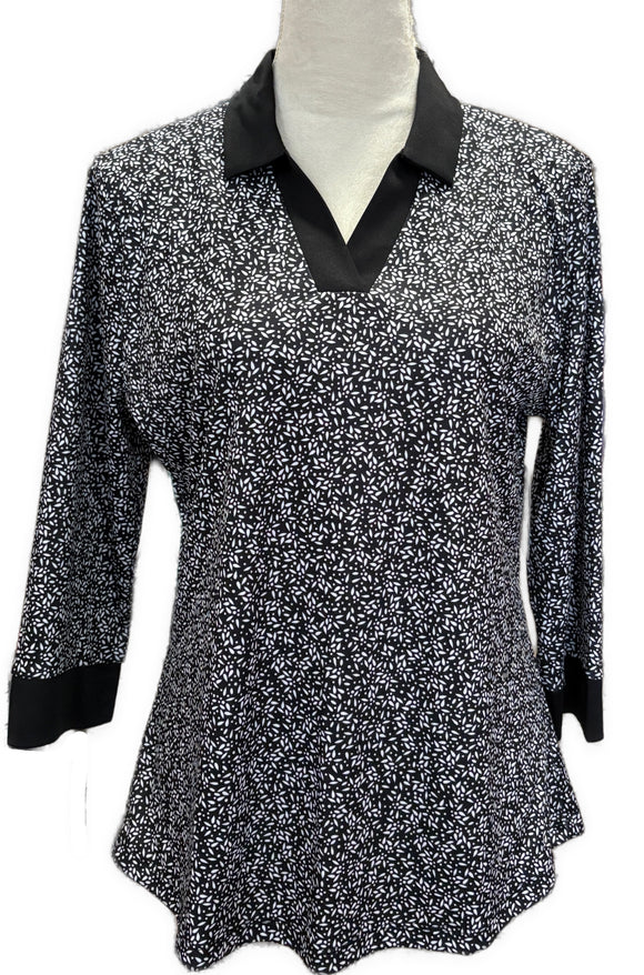 PGA Tour Black & White Floral Print 3/4 Sleeve Top Size L