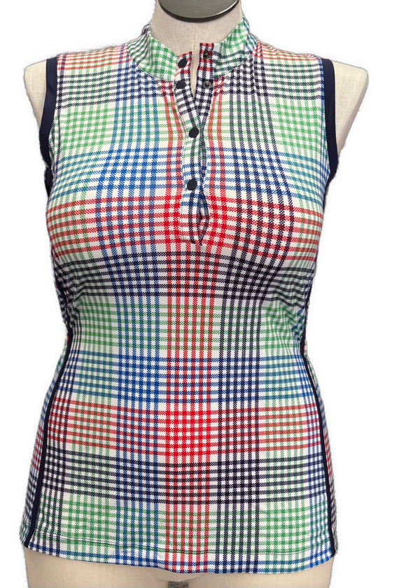 Kinona Blue Red & Green Plaid Print Women's Sleeveless Golf Top Size M
