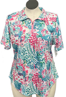 Women's Blue & Pink Floral Print Short Sleeve Golf Top Size 2XL
