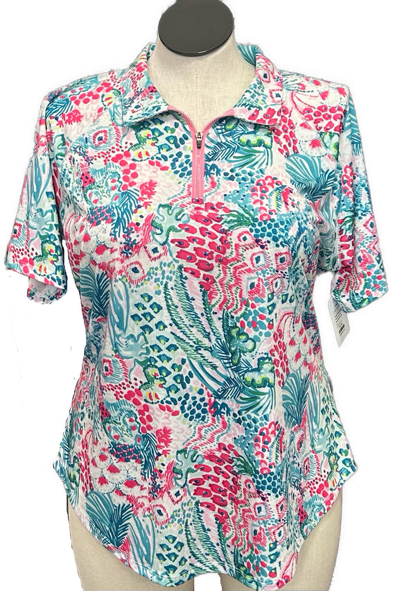 Women's Blue & Pink Floral Print Short Sleeve Golf Top Size 2XL
