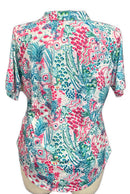 Women's Blue & Pink Floral Print Short Sleeve Golf Top Size 2XL-2