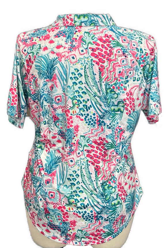 Women's Blue & Pink Floral Print Short Sleeve Golf Top Size 2XL